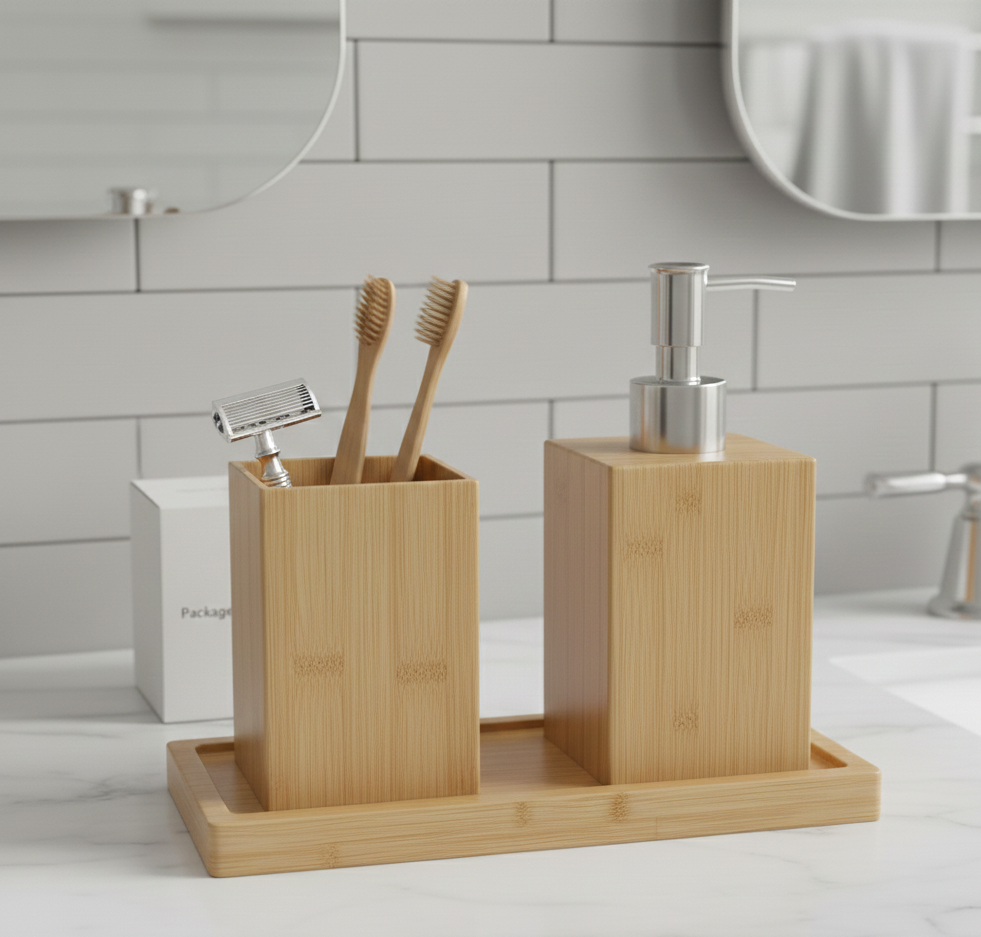 Bathroom Set with Bamboo Soap Dispenser and Storage Container